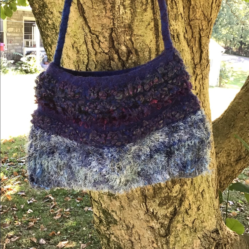Blue lined Felted Wool crossbody Bag.